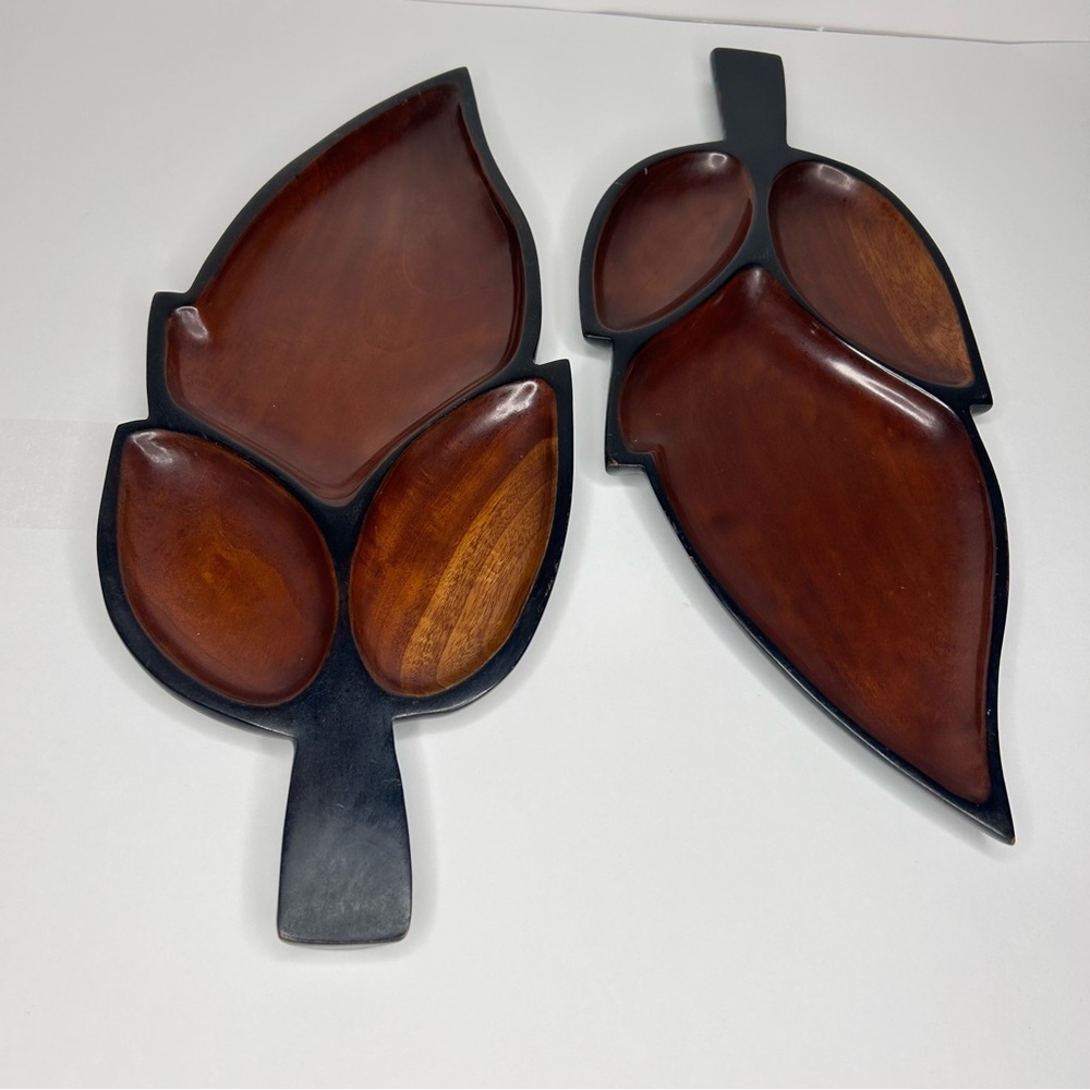 Vintage Leaf Wood Serving Trays Mid Century Pair